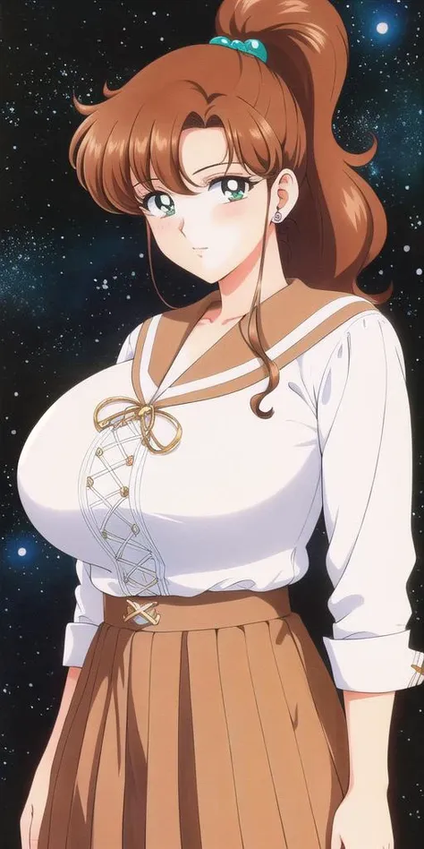 <lora:MakotoV2:0.7> kino_makoto, huge_breasts, standing, solo, School_uniform_Serafuku_White_shirt_Brown_sailor_collar_Cross-laced_top_Brown_skirt, starry_sky,, masterpiece, best quality, detailed face, detailed eyes, highres,