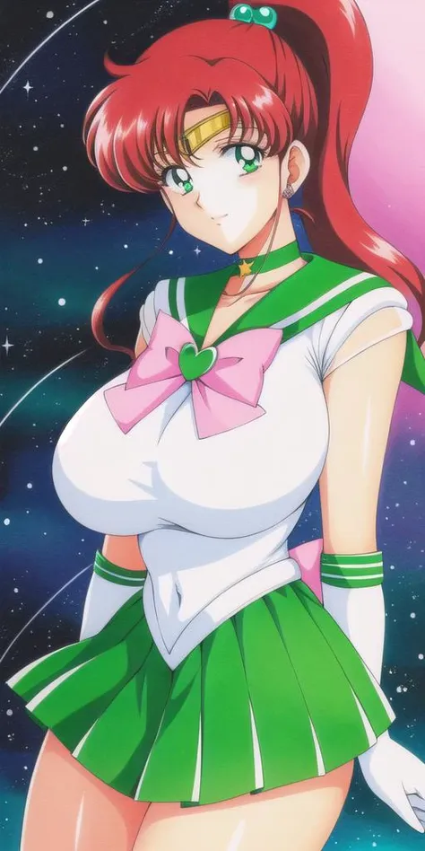 <lora:MakotoV2:0.7> kino_makoto, huge_breasts, standing, solo, White_leotard_Green_sailor_collar_Green_miniskirt_White_gloves_Star_choker_Pink_bowtie_Pink_back_bow_Circlet_Heart_brooch_See-through_sleeves, starry_sky,, masterpiece, best quality, detailed face, detailed eyes, highres,