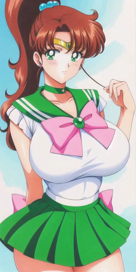 <lora:MakotoV2:0.7> kino_makoto, huge_breasts, standing, solo, White_leotard_Green_sailor_collar_Green_miniskirt_White_gloves_Green_choker_Pink_bowtie_Pink_back_bow_Circlet_Green_brooch_Short_sleeves, starry_sky,, masterpiece, best quality, detailed face, detailed eyes, highres,