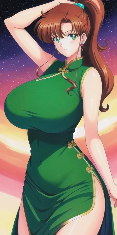 <lora:MakotoV2:0.7> kino_makoto, huge_breasts, standing, solo, china_dress, starry_sky,, masterpiece, best quality, detailed face, detailed eyes, highres,