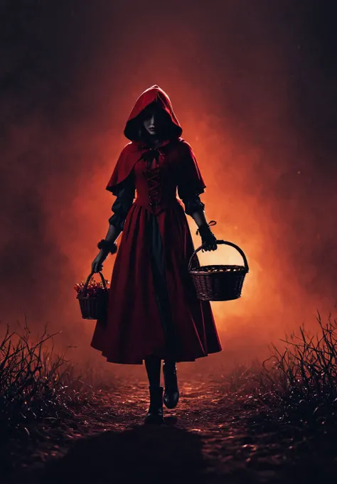 silhouette of little red riding hood, holding a basket, dark magic splash, gothic, Halloween, burnt orange gradient, magic, nature, clean background, magic splash, 3D vector art, fantasy art, watercolor effect, bokeh, Adobe Illustrator, hand-drawn, digital painting, soft lighting, isometric style, retro aesthetic, 4K resolution, using Cinema 4D, natural lighting, cinematic, masterpiece, highly detailed, intricate, extreme textures, horror, terryfying, creepy, Scary, <lora:epiCPhoto:1>