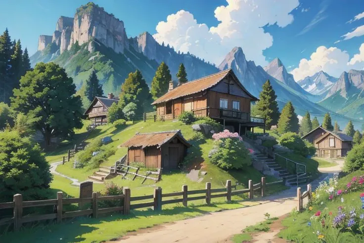 small village house far on mountain, under the tree view, flowers, fences, birds, shadows , dolamites, relaxing nature, intricate details, studio ghibli anime, beautiful, intricate details. 8K resolution, (best quality:1.3), (masterpiece:1.3),