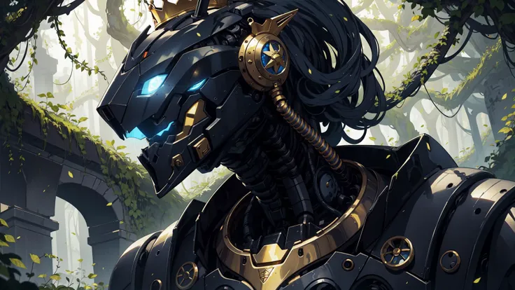 (intricate details), (****), eldritch, (robot:1.3), black, (blue:1.2), (white:0.9), epic, armor, (pauldrons:0.8), crown, portrait, cyber \(theme\), wise, vines, moss, sunbeam, ruins, glow, magic dust eyes, metal, (golden)