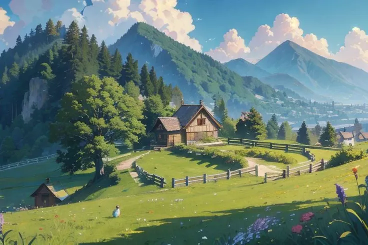 small village house far on mountain, under the tree view, flowers, fences, birds, shadows , dolamites, relaxing nature, intricate details, studio ghibli anime, beautiful, intricate details. 8K resolution, (best quality:1.3), (masterpiece:1.3),