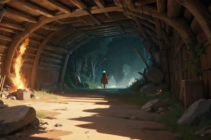 secret den, fire torchs, cinematic, composition, studio ghibli anime, (8K resolution:1.3), (best quality:1.3), (masterpiece:1.3)