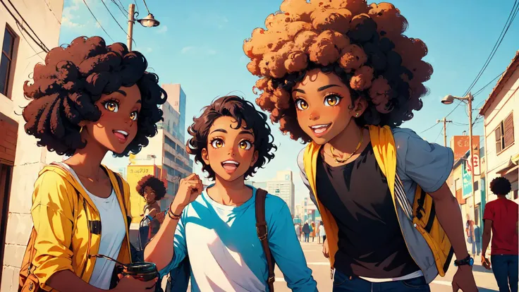 dark skin, big afro, golden eyes, happy, casual, BREAK