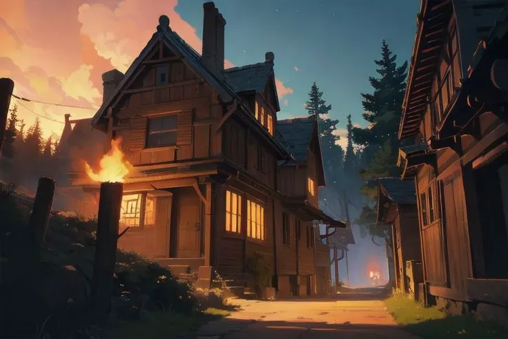 secret house, fire torches, clocks, cinematic, composition, studio ghibli anime, (8K resolution:1.3), (best quality:1.3), (masterpiece:1.3)