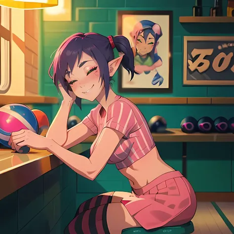 high resolution, high quality, sharp picture, vivid colors, low light,
(well shaped female:0.7), (bombchu lady:1.3),   (half:1.1) closed  eyes, pink skimpy striped shirt, pink mini skirt, striped tights, awkward and shy (smile:1.1),  (blushing:1.1), [pointy ears], [flat chest],[beautiful legs] <lora:bombchulady-nv-v3:0.5>,
sitting on stool, leaning forward,  behind a counter, (resting head on counter:1.3),
inside a (bar|bowling alley|bomb shop), (neon signs:0.9), tiled concrete walls, bombchu pictures on the wall,
view from side,
((close shot)), (bokeh:1.1), (low key), blurry background,