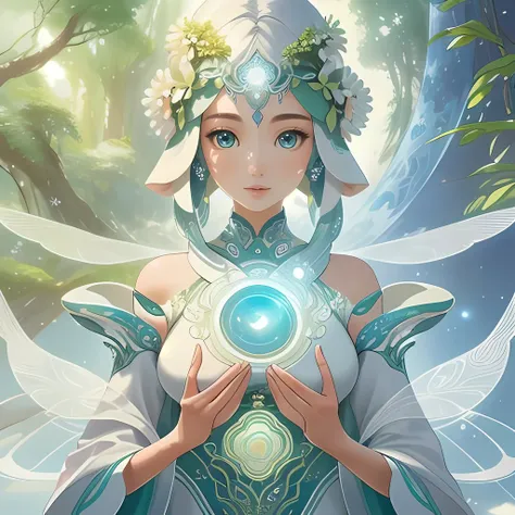(Harmonious blend of nature and technology),
(Exuding an aura of wisdom and serenity),
(Synthesis of intricate organic patterns and futuristic elements),
(Seamlessly merging the past and the future) ,
(Eyes hold the universe's secrets) ,
(Radiates a sense of profound understanding and connection)
