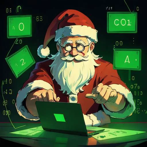 Santa Claus seated at a computer, numbers and equations in glowing green floating around