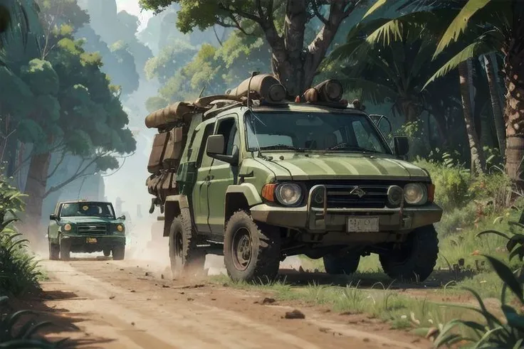 vehicle, armored, unique, huge, battle mechanics, post apocalyptic, traditional, Madagascar jungle, cinematic, composition, studio ghibli anime, (8K resolution:1.3), (best quality:1.3), (masterpiece:1.3)