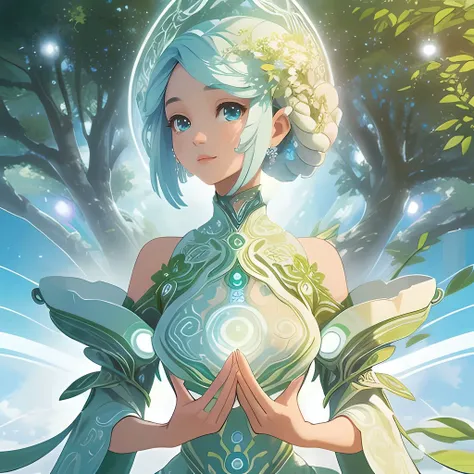 (Harmonious blend of nature and technology),
(Exuding an aura of wisdom and serenity),
(Synthesis of intricate organic patterns and futuristic elements),
(Seamlessly merging the past and the future) ,
(Eyes hold the universe's secrets) ,
(Radiates a sense of profound understanding and connection)