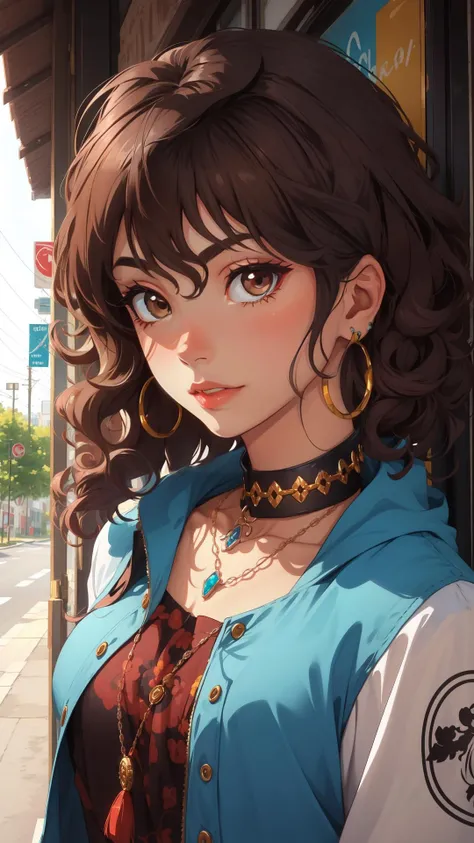 brown hair, curly hair, mixed race, hippie, metal jewelry,