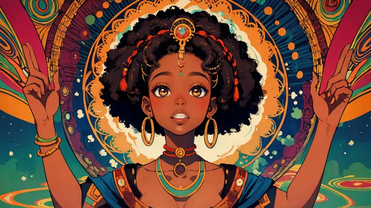 high quality, masterpiece, African queen, afro, psychedelic