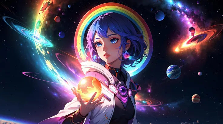 psychedelic, fantasy space, multiple planets, fantasy galaxy, 1girl, psychedelic goddess, rainbow lighting, magical, masterpiece, high quality, 4k,