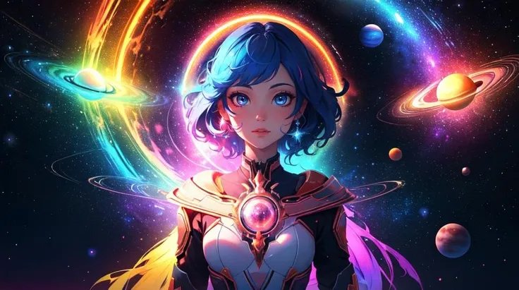 psychedelic, fantasy space, multiple planets, fantasy galaxy, 1girl, psychedelic goddess, rainbow lighting, magical, masterpiece, high quality, 4k,