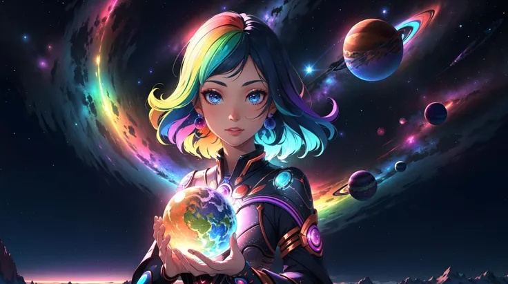 psychedelic, fantasy space, multiple planets, fantasy galaxy, 1girl, psychedelic goddess, rainbow lighting, magical, masterpiece, high quality, 4k,