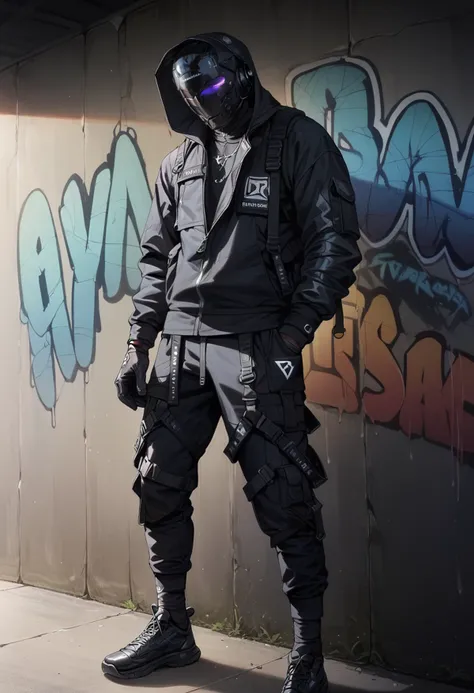 (score_9, score_8_up), score_7_up, zPDXL, dark_techwear, solo, gloves, long sleeves, 1boy, standing, jacket, male focus, black gloves, pants, hood, black footwear, black jacket, glowing, black pants, helmet, graffiti, <lora:dark_techwear-000016:0.9>