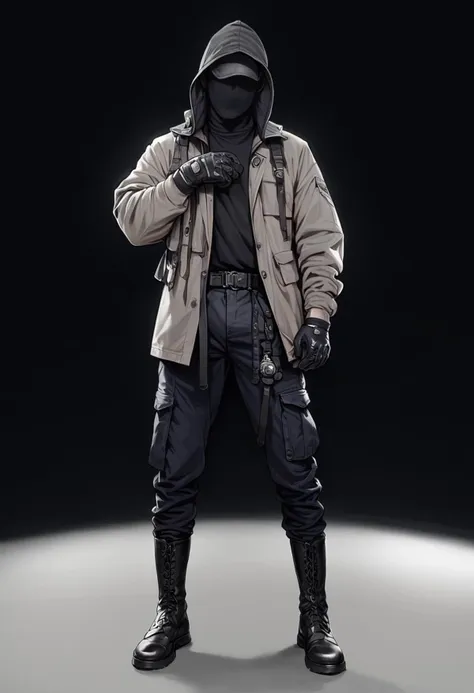 (score_9, score_8_up), score_7_up, zPDXL, dark_techwear, solo, gloves, long sleeves, 1boy, holding, standing, jacket, full body, male focus, boots, belt, pants, hood, black footwear, helmet, knife, 1other, hood up, hooded coat, ambiguous gender, doctor, black background, simple background<lora:dark_techwear-000016:0.9>