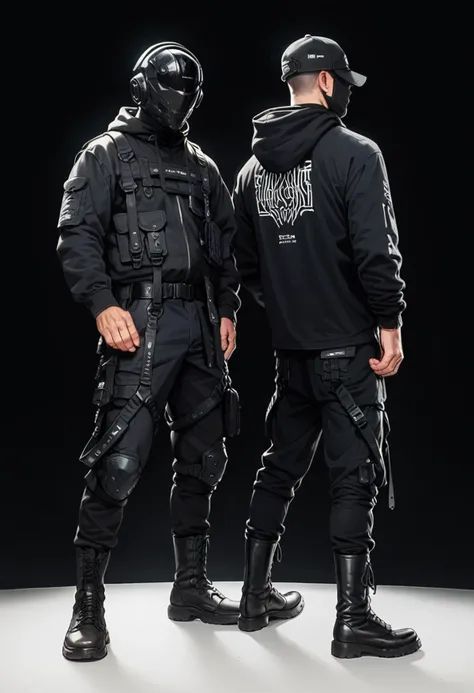 (score_9, score_8_up), score_7_up, zPDXL, long sleeves, standing, jacket, weapon, male focus, boots, multiple boys, belt, pants, hood, 2boys, from behind, black footwear, black jacket, gun, black shirt, black pants, helmet, holster, black background, simple background, <lora:dark_techwear-000016:0.9>