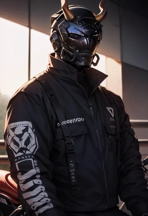 (score_9, score_8_up), score_7_up, zPDXL, dark_techwear, dark_techwear, solo, long sleeves, 1boy, jacket, upper body, male focus, horns, blurry, black jacket, blurry background, helmet, 1other, leather, leather jacket, motorcycle helmet, <lora:dark_techwear-000016:0.9>