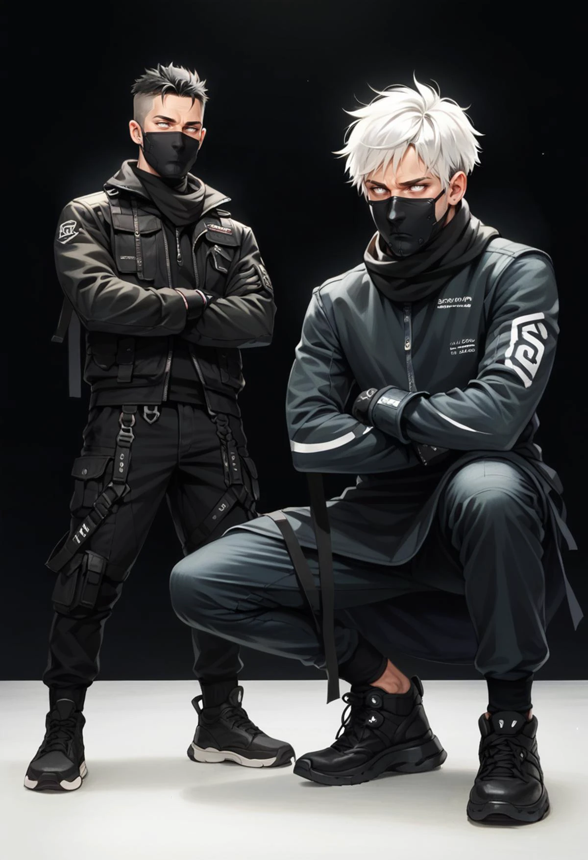 (score_9, score_8_up), score_7_up, zPDXL, gloves, 2boys, cowboy shot, standing, male focus, jacket, weapon, white hair, long black hair, male focus, shoes, pants, scarf, black footwear, arms crossed, squatting, black jacket, mask, black pants, white eyes, black background, simple background, <lora:dark_techwear-000016:0.9>