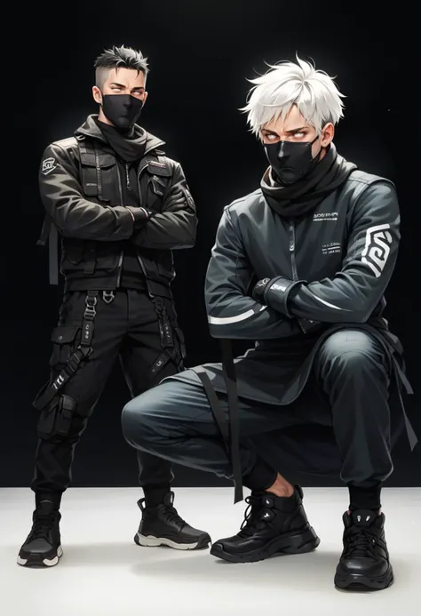 (score_9, score_8_up), score_7_up, zPDXL, gloves, 2boys, cowboy shot, standing, male focus, jacket, weapon, white hair, long black hair, male focus, shoes, pants, scarf, black footwear, arms crossed, squatting, black jacket, mask, black pants,  white eyes,  black background, simple background, <lora:dark_techwear-000016:0.9>