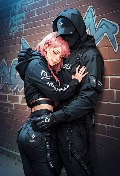 (score_9, score_8_up), score_7_up, zPDXL, dark_techwear, 1girl, cutout shirt, bra, pink hair, cowboy shot, hugging, embracing, gloves, long sleeves, 1boy,  jacket, black gloves, pants, hood, black jacket, black pants, dark background, dark theme, graffiti, <lora:dark_techwear-000016:0.9>