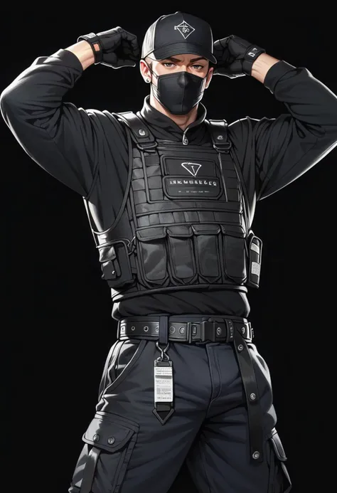 (score_9, score_8_up), score_7_up, zPDXL, dark_techwear, solo, shirt, gloves, long sleeves, 1boy, baseball cap, black mask, male focus, black gloves, belt, pants, coat, bulletproof vest, arm up, black shirt, muscular, black pants, black background, simple background, <lora:dark_techwear-000016:0.9>