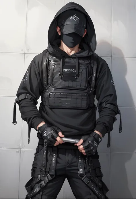 (score_9, score_8_up), score_7_up, zPDXL, dark_techwear, solo, gloves, long sleeves, 1boy, holding, weapon, male focus, black gloves, pants, hood, fingerless gloves, hoodie, black pants, helmet,hood up, bulletproof vest, <lora:dark_techwear-000016:0.9>