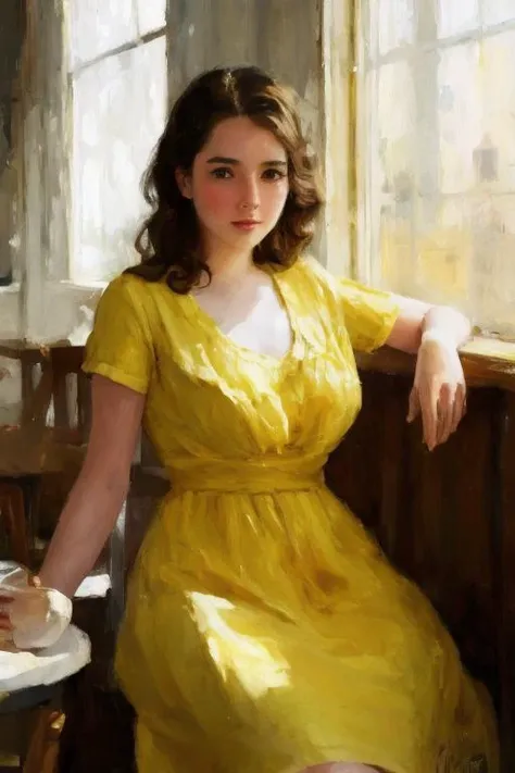 ((a digital painting)) of a beautiful young woman sitting in a cafe <lora:LM_XXX:1> LM_XXX , shafts of sunlight come through the window, she is wearing a yellow dress, <lora:DIG2_JBX-000006:1> DIG2_JBX, (good brushwork), dramatic lighting