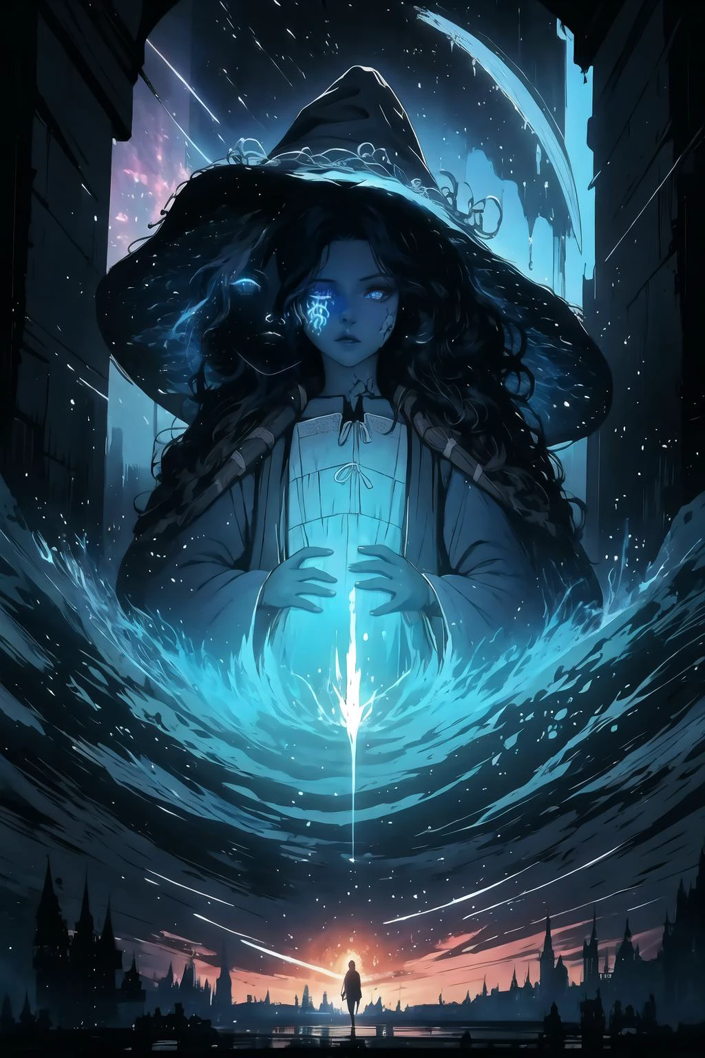 High Quality, Masterpiece, wrenchsfantasy, fantasy, glowing, <lora:Style_WrenchsFantasies:0.9>, night, (dark environment), <lora:Style_DarkIncursioStyle:0.75>, Embark on a color rhapsody, with swirling movements, rhythmic brushwork, and harmonious yet unpredictable color combinations that create a composition alive with visual dynamism and chaos, Ranni, wavy hair, colored skin, blue skin, cracked skin, extra arms, extra faces, white dress, hat, cloak, <lora:Char_EldenRing_Ranni:0.9>, ExtraFacesRanni, <lora:Looks_ExtraFaces:1>