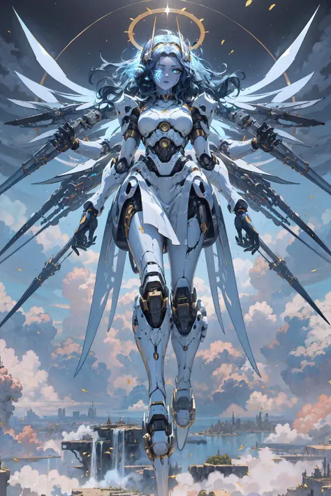 wrenchsmechs, glowing, blue mecha, halo, mechanical wings, <lora:Outfit_Mechs:1>, IncrsRanni, wavy hair, colored skin, blue skin, cracked skin, extra arms, extra faces, <lora:Char_EldenRing_Ranni:0.9>, ExtraFacesRanni, <lora:Looks_ExtraFaces:1>