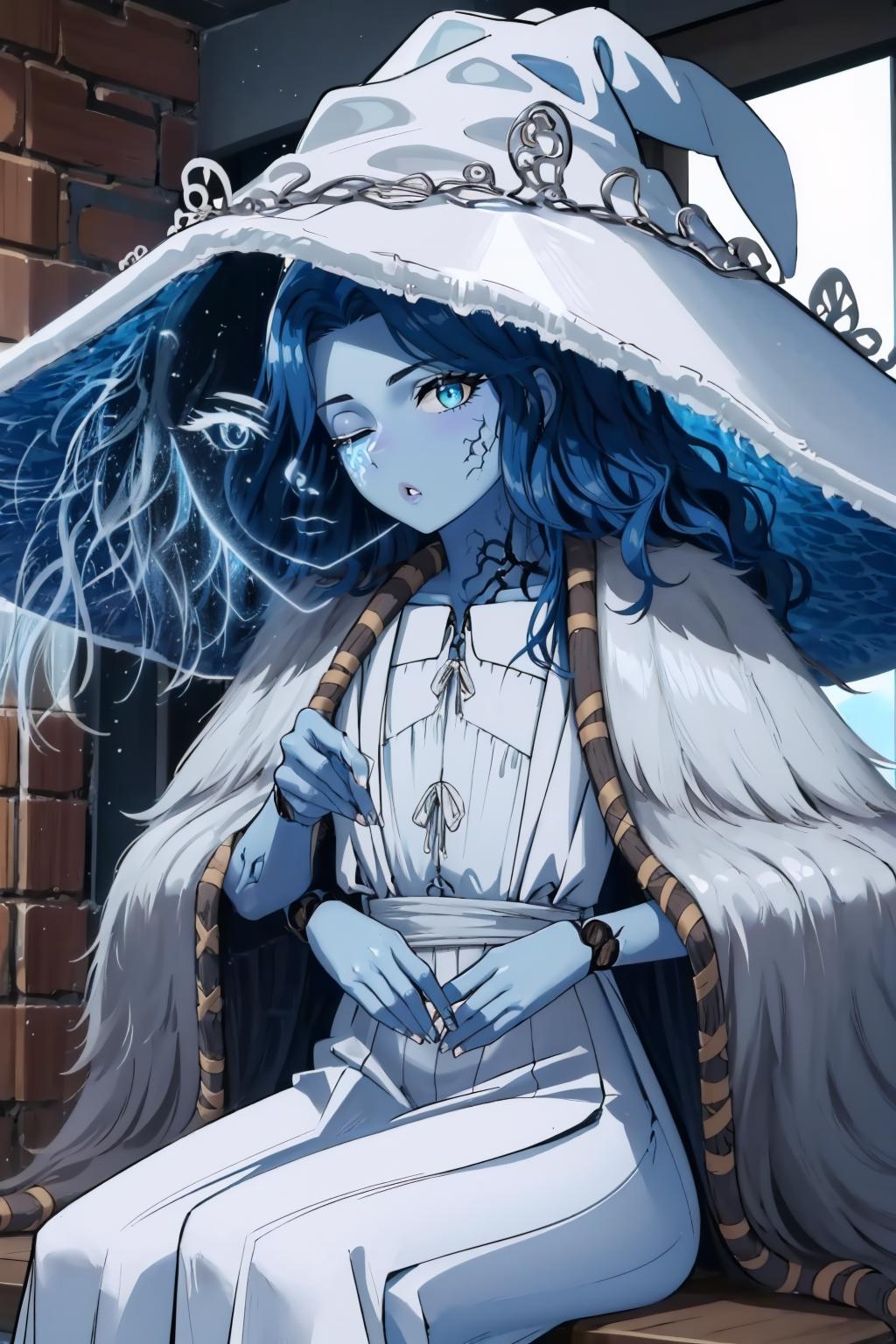 Anime girl with blue hair wearing a white hat and white dress - SeaArt AI