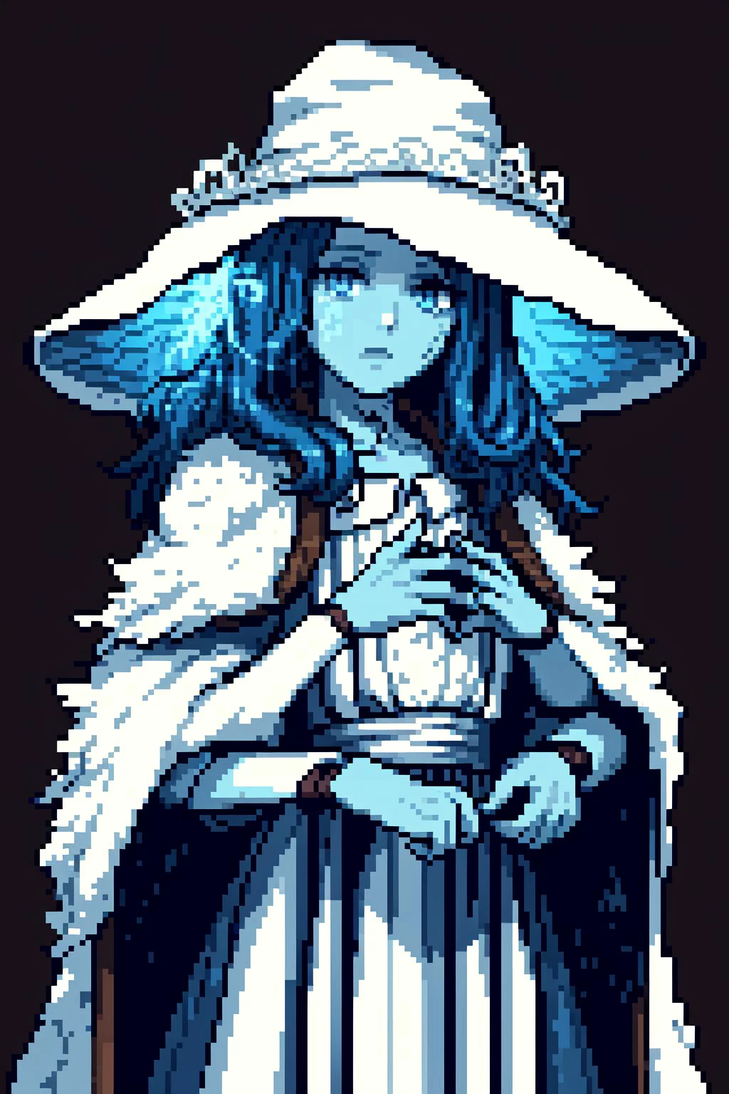 thick outlines, comics, photorealistic, 1girl, solo, <lora:RanniV4LoRA:0.9>,IncrsRanni, wavy hair, cracked skin, blue skin, colored skin, extra arms, extra faces, doll, joints, doll joints, white dress, hat, cloak, dark tower, detailed background, detailed face, detailed eyes, <lora:add_detail:0.7>
