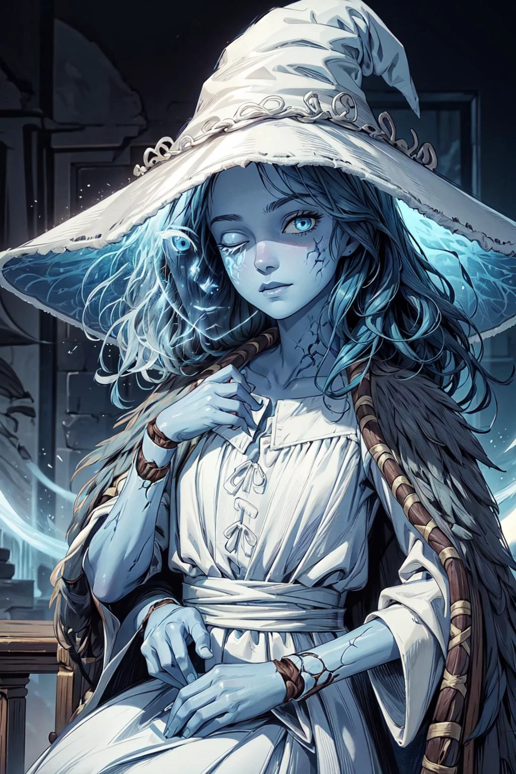 thick outlines, comics, photorealistic, 1girl, solo, <lora:RanniV4LoRA:0.9>,IncrsRanni, wavy hair, cracked skin, blue skin, colored skin, extra arms, extra faces, doll, joints, doll joints, white dress, hat, cloak, dark tower, detailed background, detailed face, detailed eyes, <lora:add_detail:0.7>