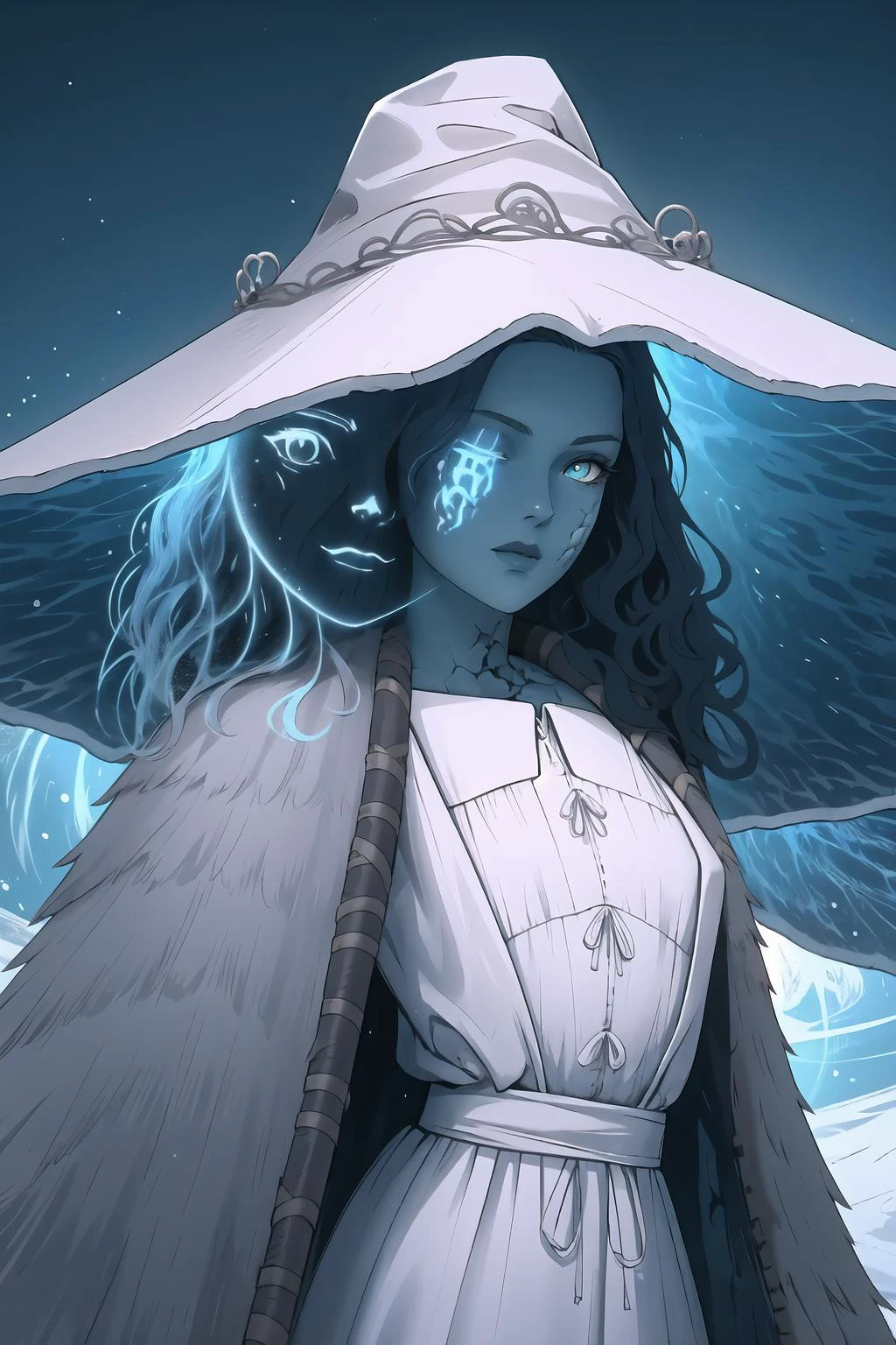 1girl, IncrsRanni, wavy hair, colored skin, blue skin, cracked skin, extra arms, extra faces, white dress, hat, cloak, <lora:Char_EldenRing_Ranni:0.9>, ExtraFacesRanni, <lora:Looks_ExtraFaces:1>