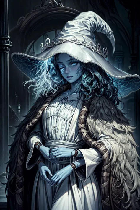 thick outlines, comics, photorealistic, 1girl, solo, <lora:RanniV4LoRA:0.9>,IncrsRanni, wavy hair, cracked skin, blue skin, colored skin, extra arms, extra faces, doll, joints, doll joints, white dress, hat, cloak, dark tower, detailed background, detailed face, detailed eyes, <lora:add_detail:0.7>