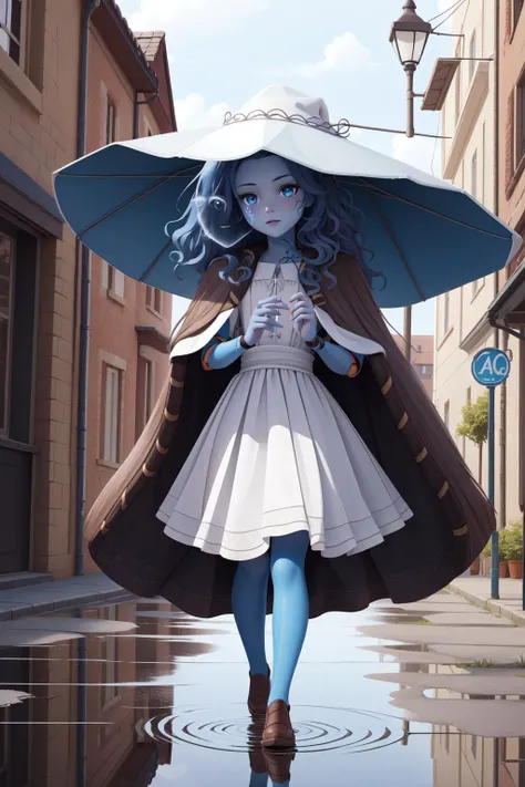 (masterpiece, best quality),  intricate details,
1girl, <lora:RanniV4LoRA:0.8> IncrsRanni, wavy hair, cracked skin, colored skin, (blue skin:1.2), extra faces, extra arms, doll, joints, doll joints, white dress, hat, cloak
outdoors, fantasy village, 
rain, city street, puddle, reflection