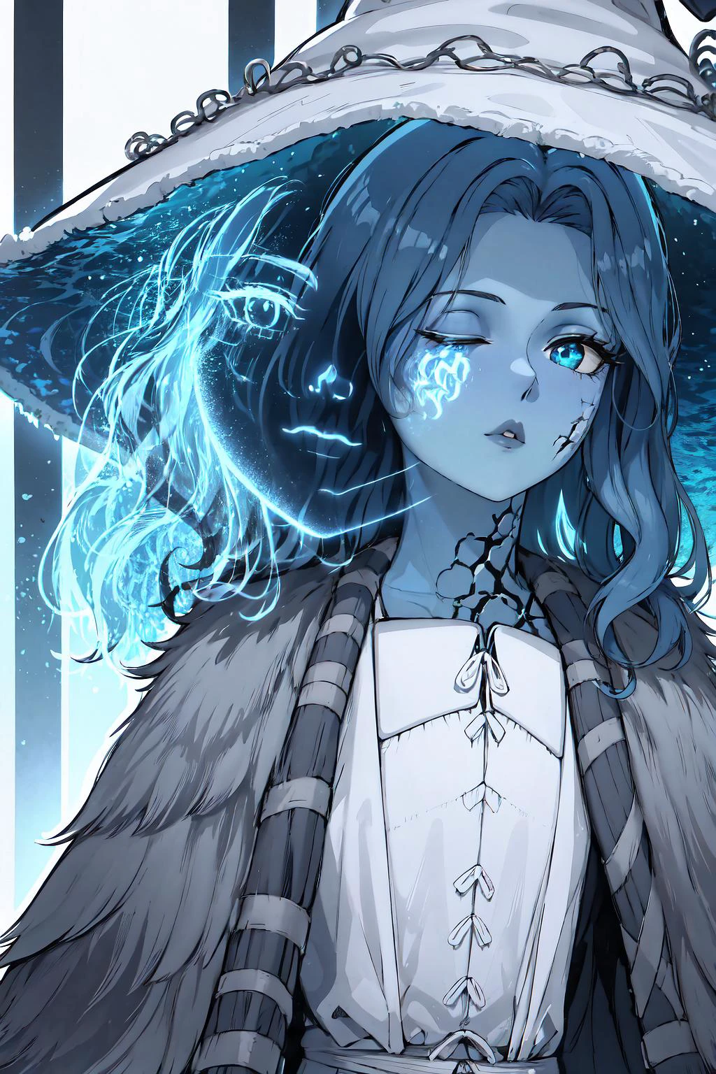 1girl, IncrsRanni, wavy hair, colored skin, blue skin, cracked skin, extra arms, extra faces, white dress, hat, cloak, <lora:Char_EldenRing_Ranni:0.9>, ExtraFacesRanni, <lora:Looks_ExtraFaces:1>