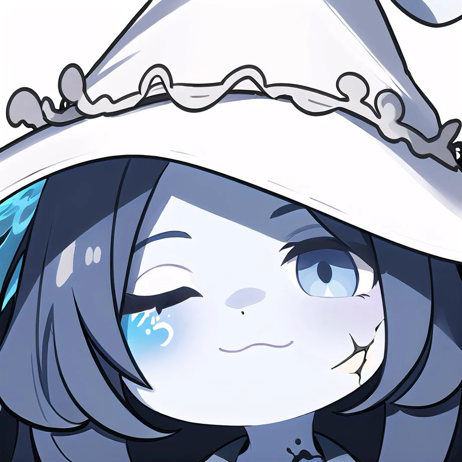 1girl, <lora:è§è²-è妮IncrsRanni,white dress, hat, cloak,wavy hair, cracked skin, blue skin, colored skin, extra arms, extra faces, doll, joints:0.8>, IncrsRanni, hat, wavy hair, cracked skin, blue skin, colored skin, extra faces, <lora:æ¦å¿µ-é¸å¸å¤§å¤´chibi style:0.6>, chibi, chibi style,
