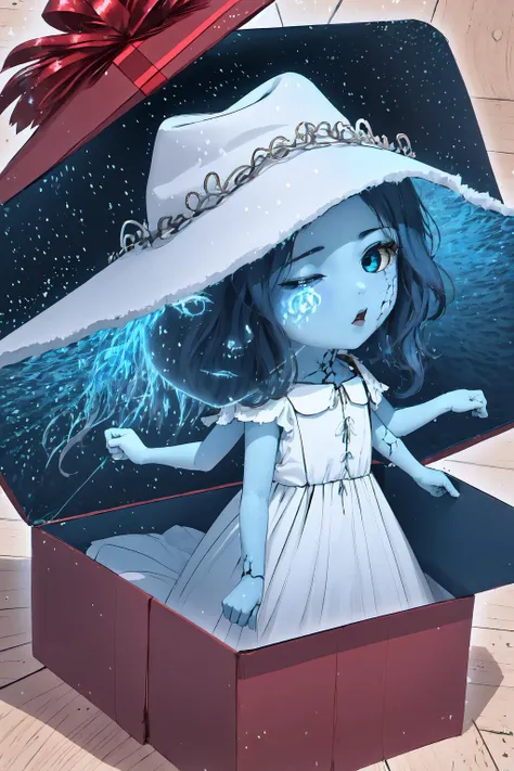 1girl, yomama_surprise_gift_v5, in a gift box, <lora:Pos_SurprisedGiftbox:1>, IncrsRanni, wavy hair, colored skin, blue skin, cracked skin, extra arms, extra faces, white dress, hat, cloak, <lora:Char_EldenRing_Ranni:0.9>, chibi, ExtraFacesRanni, <lora:Looks_ExtraFaces:1>