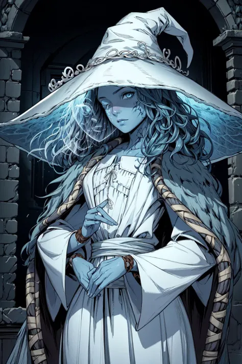 thick outlines, comics, photorealistic, 1girl, solo, <lora:RanniV4LoRA:0.9>,IncrsRanni, wavy hair, cracked skin, blue skin, colored skin, extra arms, extra faces, doll, joints, doll joints, white dress, hat, cloak, dark tower, detailed background, detailed face, detailed eyes, <lora:add_detail:0.7>