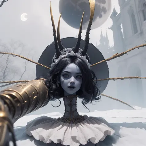 sharp focus, 8k, ultra-detailed, (best quality, masterpiece:1.2), (IncrsRanni), (wavy hair, cracked skin, colored skin, blue skin, extra arms, doll, joints, doll joints, white dress, hat, cloak), closed mouth, crazy smile, crazy, demon, gold horns, extreme detailed, in the moonlit darkness, Enveloped in an aura of mystique, red strings, stands beneath a fabled crescent moon, outside, and the crumbling grandeur of her surroundings, evoking a captivating atmosphere of gothic enchantment, (dark theme:1.3), light, fantasy, extreme detailed, HDR