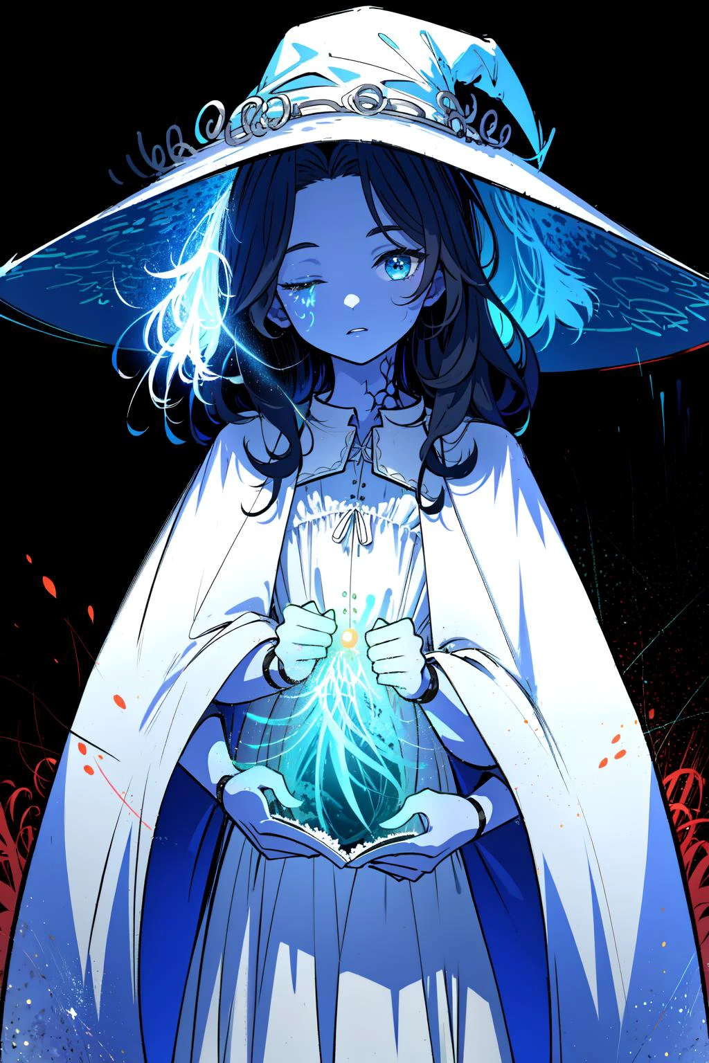 super detailed, (glowing background:1.25),(best art,masterpiece,best quality,:1.5),
(black theme,:1.3)
,8k,high-res,highest details,
,flowing colorful ink,cross the stars, blackhole, clean cuts, paper, sharp edges, minimalist, color block, <lora:RanniV4LoRA:0.8> IncrsRanni, wavy hair, cracked skin, colored skin, blue skin, extra faces, extra arms, doll, joints, doll joints, white dress, hat, cloak ,<lora:manjusaka:0.8> manjusaka, spider lily,