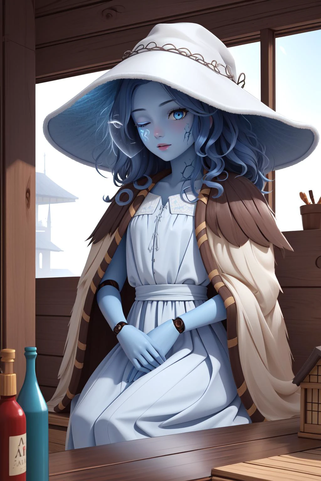 (masterpiece, best quality), intricate details,
1girl, <lora:RanniV4LoRA:0.8> IncrsRanni, wavy hair, cracked skin, colored skin, (blue skin:1.2), extra faces, extra arms, doll, joints, doll joints, white dress, hat, cloak
indoors, fantasy, shack, wooden shack,