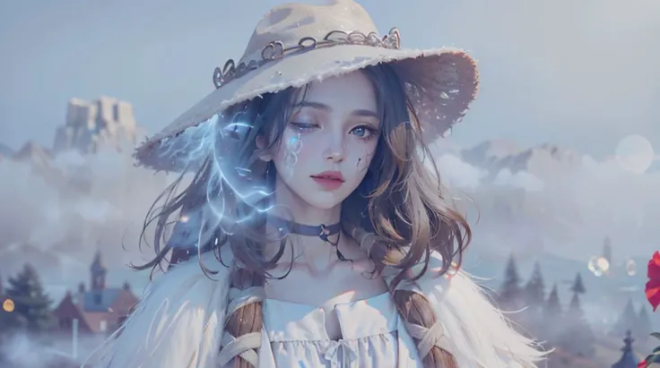 <lora:Ranni_EldenRing:0.9> IncrsRanni, blue wavy hair, cracked skin, blue skin, colored skin, extra arms, extra faces, doll, joints, doll joints, white dress, hat, fur cloak, 4 arms, juggle, full body portrait,
(Hyperrealistic photo, masterpiece, best quality, 8k, high_resolution:1.4), (ultra details, Cinematic lighting, Volumetric, High Contrast, Light and Shadow:1.2), (vibrant color, realistic RAW photo, Kodak,Color Graded:1.5), (Depth of Field, Bokeh, foggy background:1.7), bloom, Chromatic Aberration ,Photorealistic, (Dutch angle shot:1.3),
(Pale skin:1.2),(perfect face+skin+hand:1.2), medium breast, choker, (glossy lips), hand-on-belly, head-tilt sideways
<lora:Landscape_CheeseDaddy:0.6>
night sky,
(simple+foggy landscape:1.5), World Tree,castle, red poppy flowers field, Lake, birdseye view, distant Campfire, Moons, silver grass,
<lora:dark_noiseoffset2:0.6> studio lighting, rim light, low key, <lora:color_temperature_slider:-3> cooler color,
<lora:Anime Realism Control:0.35>,