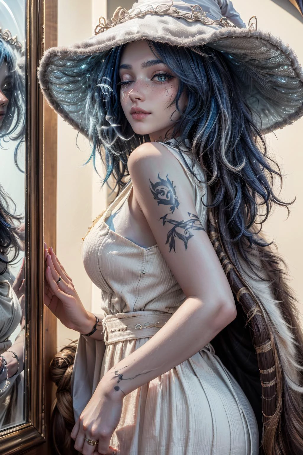 (masterpiece, best quality, highres:1.3), casual photography, HDR, natural light, (anti-aliasing:1.2), elegant, soft scattered light, realistic proportions, limited palette, backlit, accent lighting, (neutral colors:1.3), cross process, cinematic lighting, coherent light, coherent shadows, light passing through hair, (sharp), (cowboy shot), (seductive pose:1.2), (0001SRGoodPictureV3)
detailed face, detailed eyes, detailed skin, (intricate and beautiful:1.2), (detailed light:1.2), (soft lighting, side lighting, reflected light), solo, gorgeous greek goddess, large breasts, (thick\lips\), <lora:add_detail:0.75>, (looking at viewer:1.2), <lora:RanniV4LoRA:1> IncrsRanni, wavy hair, cracked skin, colored skin, (blue skin), extra arms, doll, joints, doll joints, white dress, hat, cloak, ranni the witch, blue hair, one eye closed, <lora:ZH_Mushyee_v1:1> zh_mushyee_normalgirl, zh_mushyee_cosplaygirl, yellow eyes, tattoo, realistic, freckles, lips, (beautiful detailed eyes:1.2),