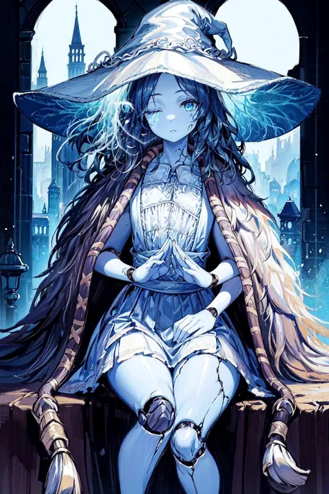 thick outlines, comics, photorealistic, 1girl, solo, <lora:RanniV4LoRA:0.9>,IncrsRanni, wavy hair, cracked skin, blue skin, colored skin, extra arms, extra faces, doll, joints, doll joints, white dress, hat, cloak, dark tower, detailed background, detailed face, detailed eyes, <lora:add_detail:0.7>