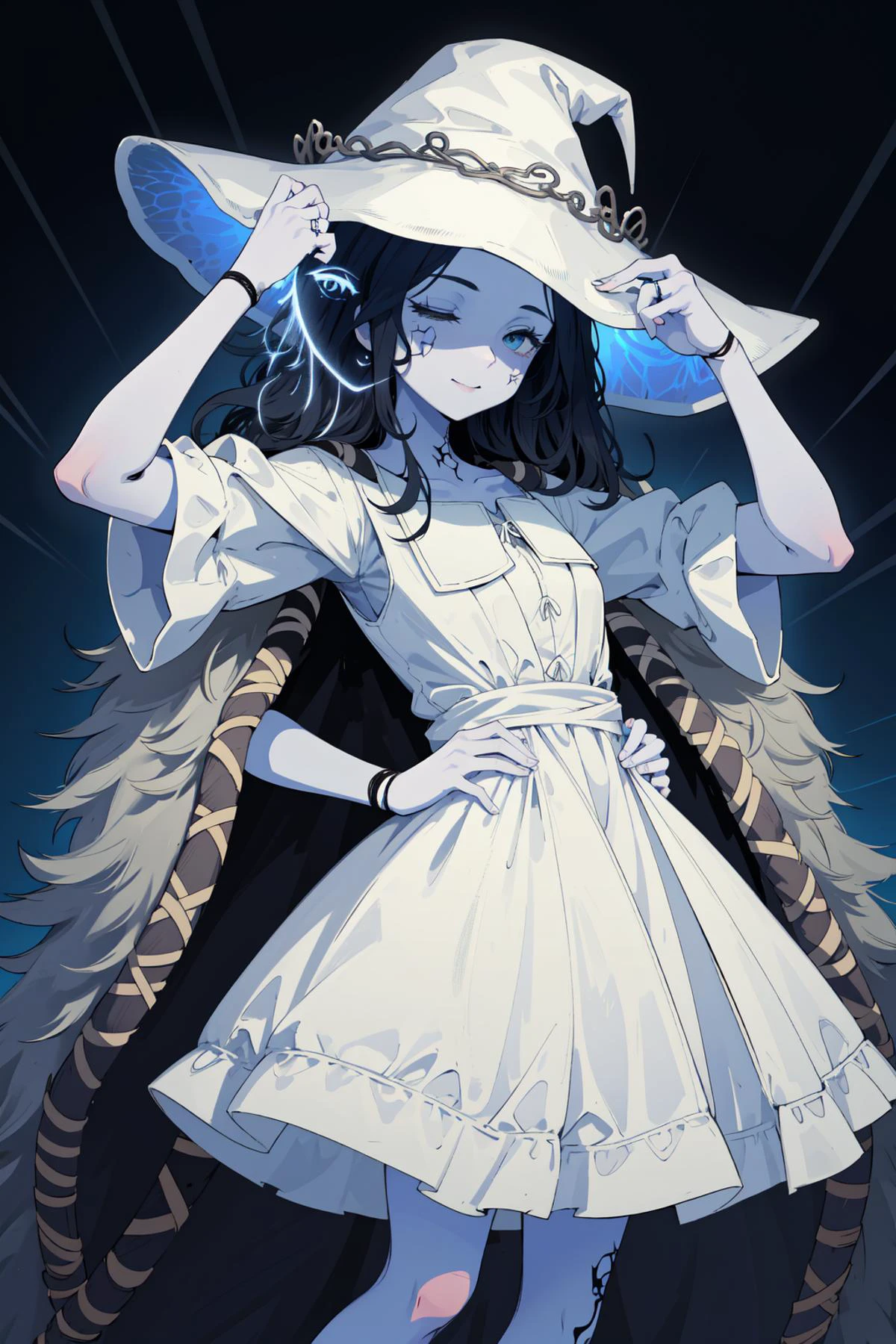 (stripe painting :1.4),masterpiece, detailed,(the corners of the mouth are slightly curved) ,(shy little smile),reach out one right hand to the audience,(the ring finger wears a wedding ring) <lora:RanniV3:0.8> Ranni, wavy hair, blue skin, cracked skin, extra arms, extra faces, doll, joints, doll joints, white dress, hat, cloak